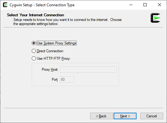 Cygwin install connection